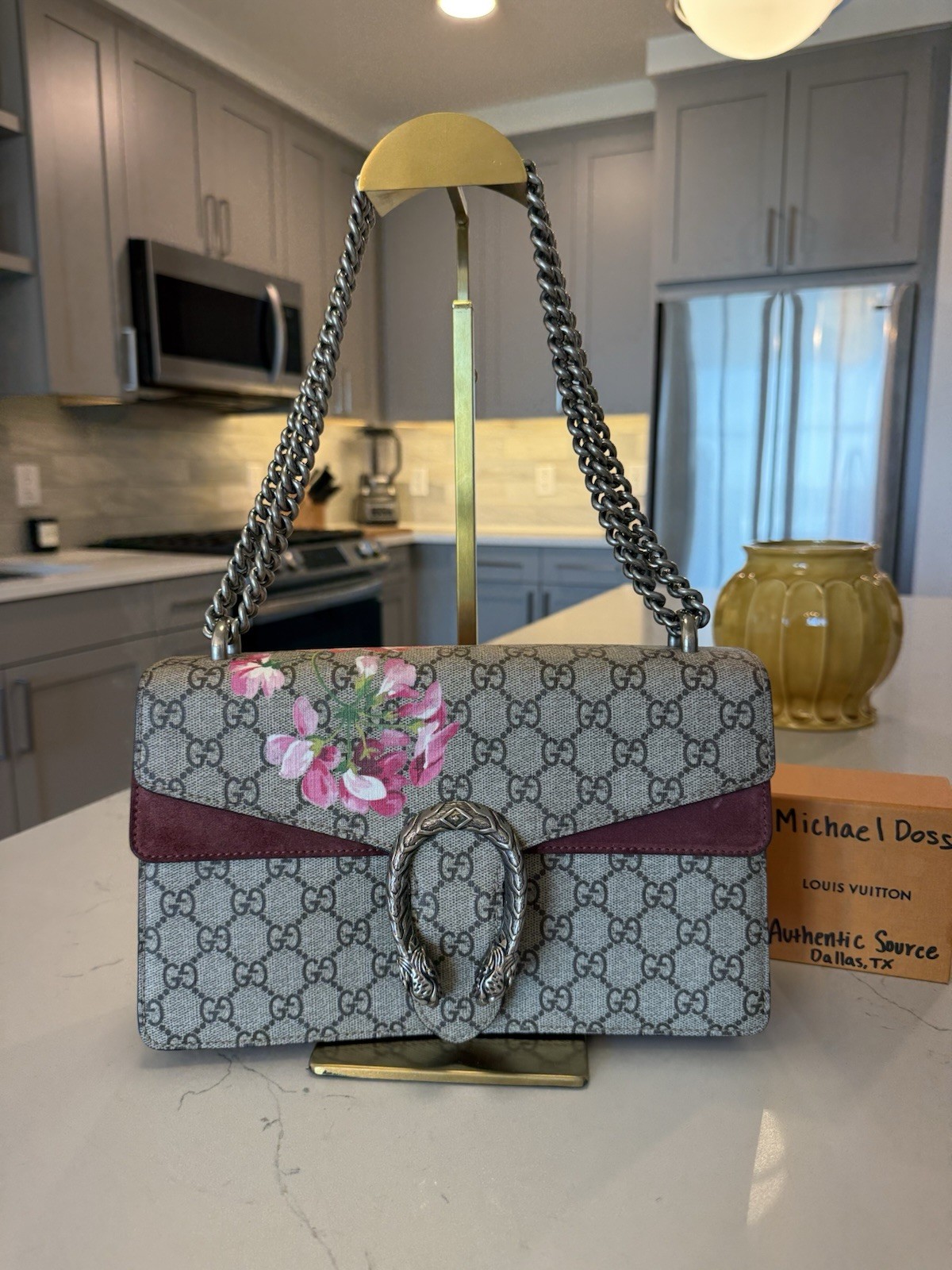 Gucci Dionysus GG Blooms Floral Chain Shoulder Bag Snap Closure Beige Burgundy