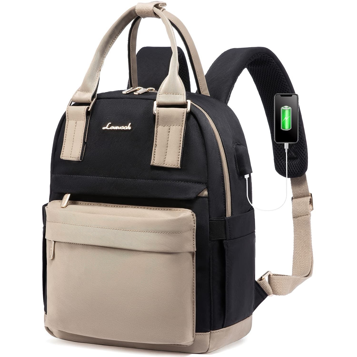 Lovevook Mini Black Beige Multi-Pocket Travel Backpack USB Port Anti-Theft Zip