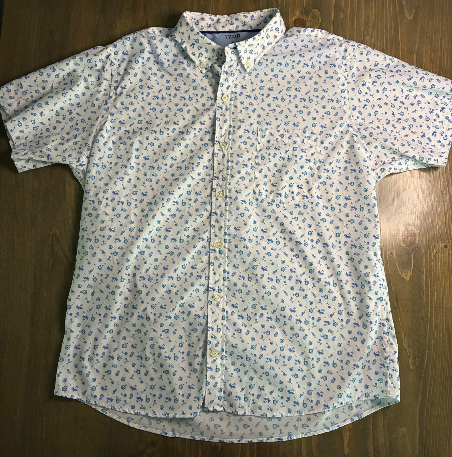 Izod Golf or Casual Button Down Shirt Men XL , Fun Summer Pattern Short Sleeve