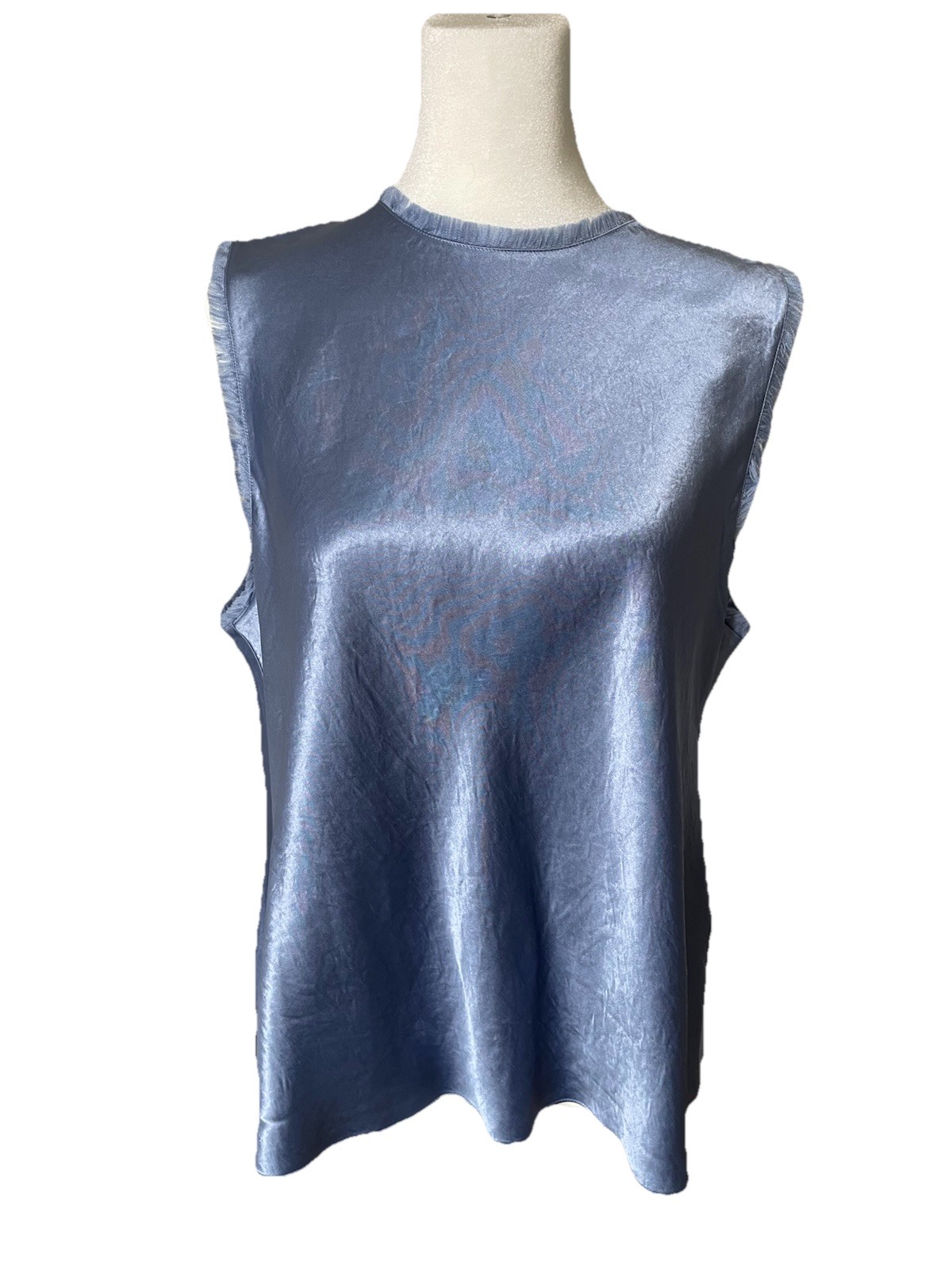 Vince Satin Fray Edge Shell Blue Sleeveless Top Womens Size L Bias