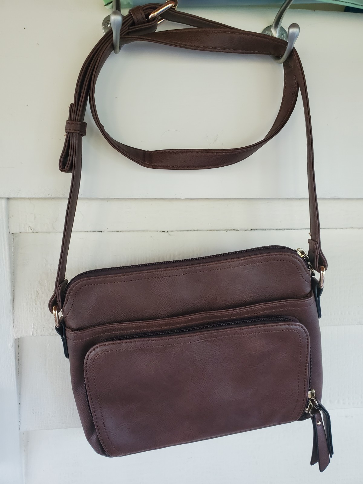 Small Brown Faux Leather Crossbody Purse. Brenice Brand. Double Zipper.