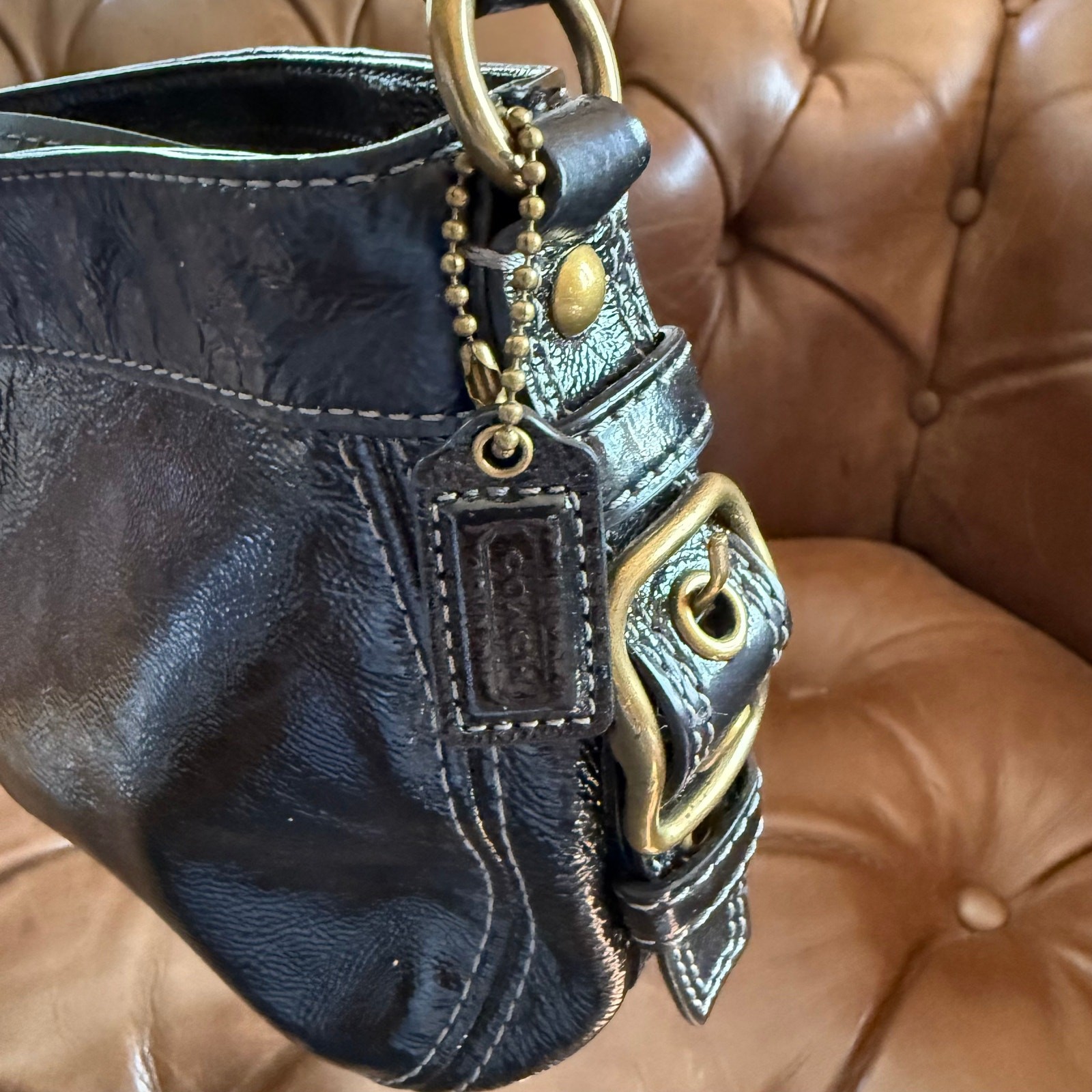 Coach Zoe Shoulder Bag 41869 Black Crinkled Patent Leather Y2K