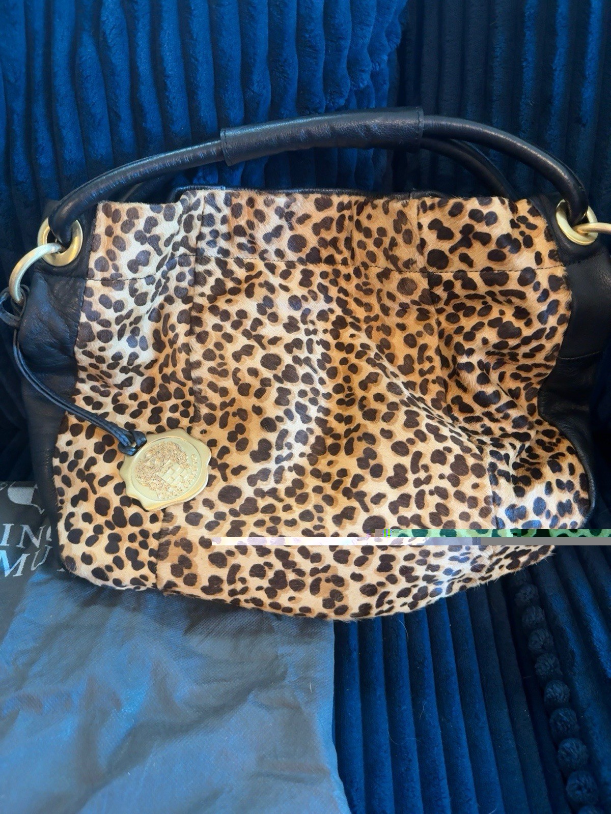 Womens Leopard Animal Print Shoulder Bag Black Strap Medallion Charm Gold