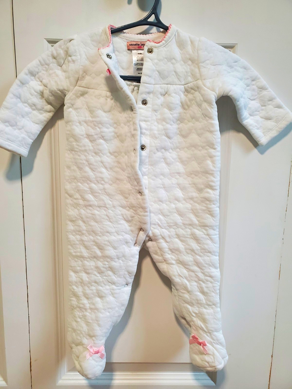 Nanette Lepore Girls White Quilted Footed One-Piece Sleeper 6-9M Bow Snap