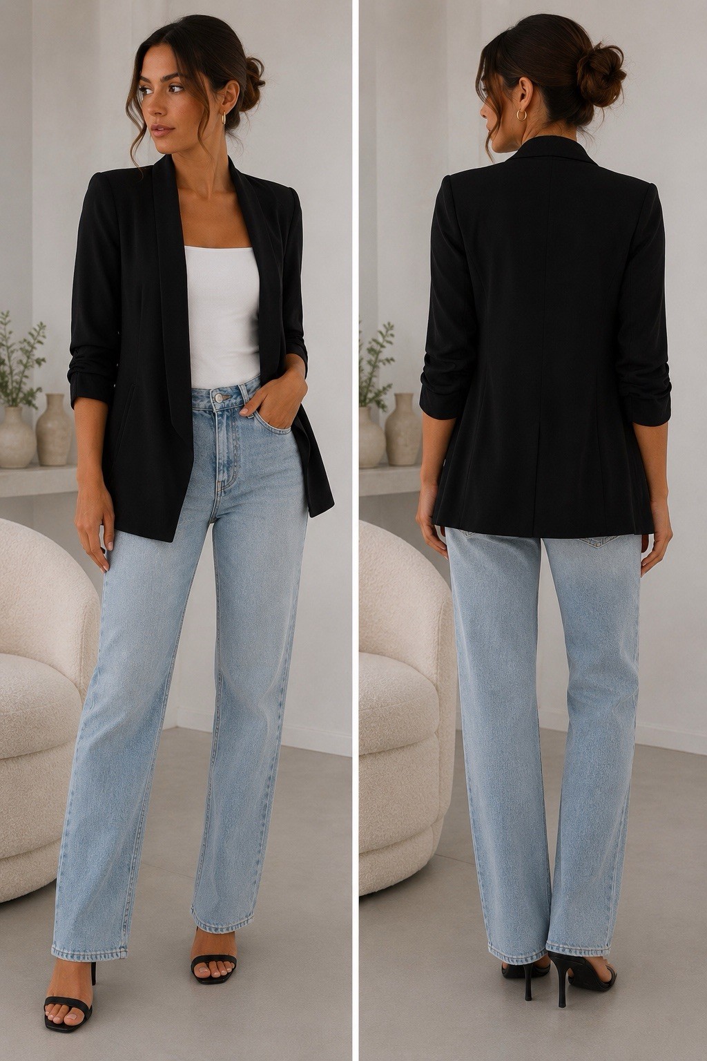 Babaton Aritzia Black Blazer Size 0 Ruched 3/4 Sleeve Open Front Lightweight