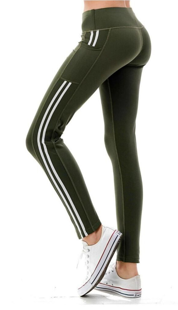 NWT! Women Lg High Waist 2 Side Pockets Stripe Leggings Yoga Pants Gym Exercise