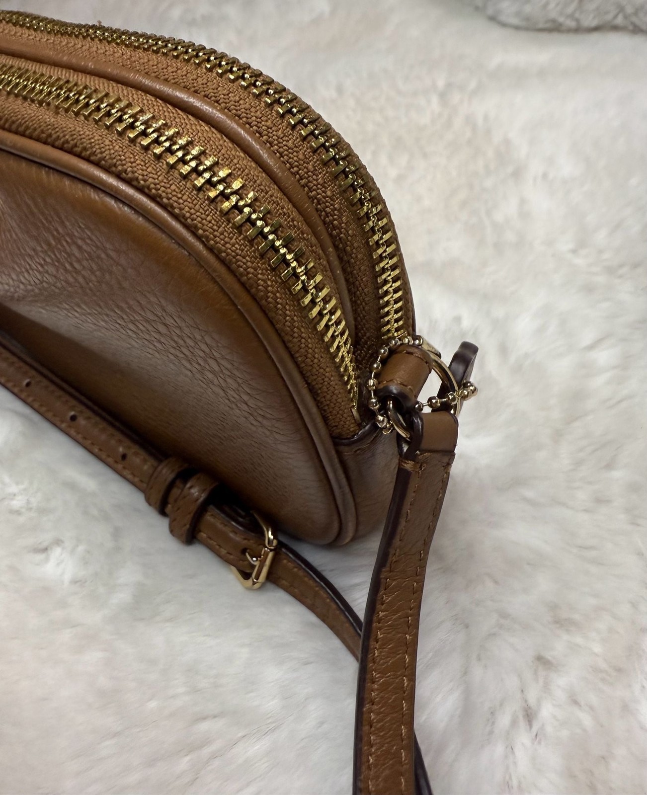 Coach Double Zip Camera Crossbody Bag in Brown Pebbled Leather