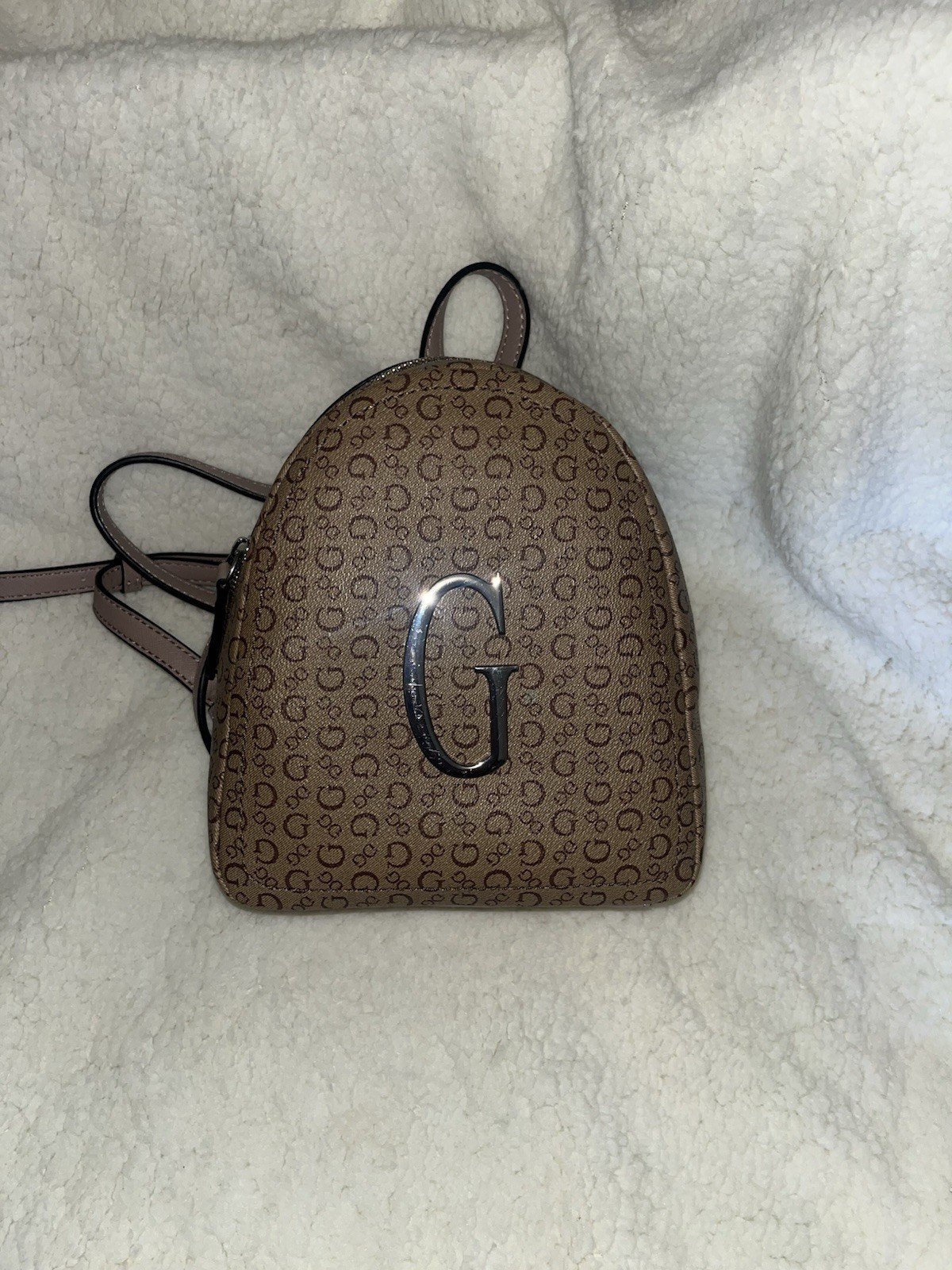 GUESS Women’s Brown Logo Pattern Zip Backpack Purse w/ Silver Hardware