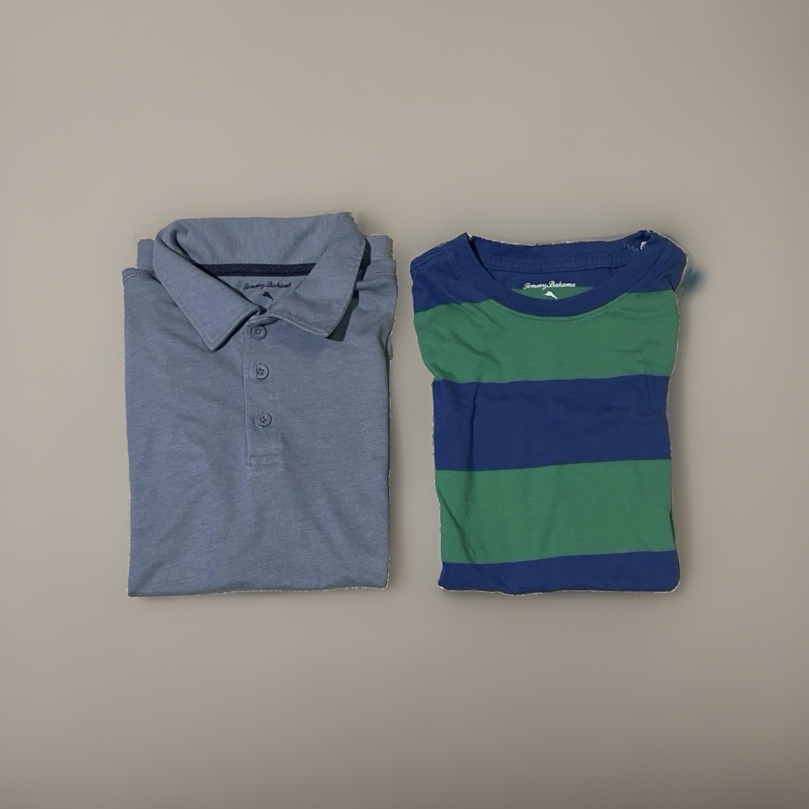 Tommy Bahama Boys L 10-12 Lot 2 Polo Shirts Set Blue Solid & Green Striped