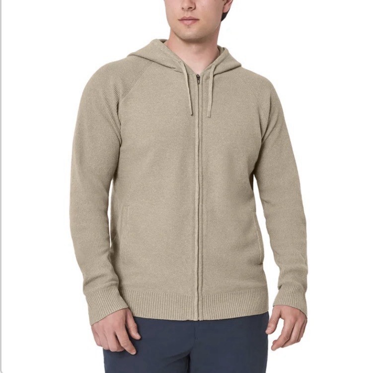 Modern Ambition Men’s Full Zip Hooded Sweater, 4‑Way Stretch, Medium Color Beige