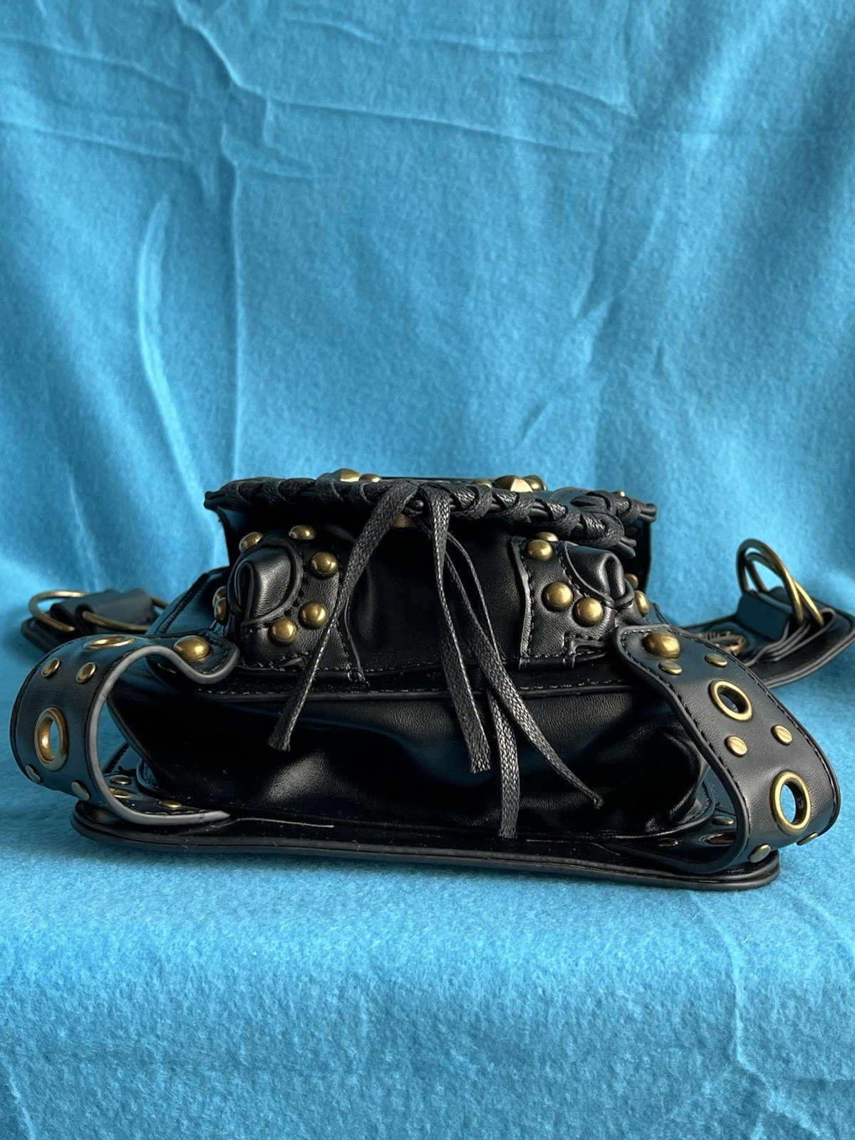 Steampunk Black Studded Lace-Up Crossbody Bag Zip & Magnetic Detachable Strap