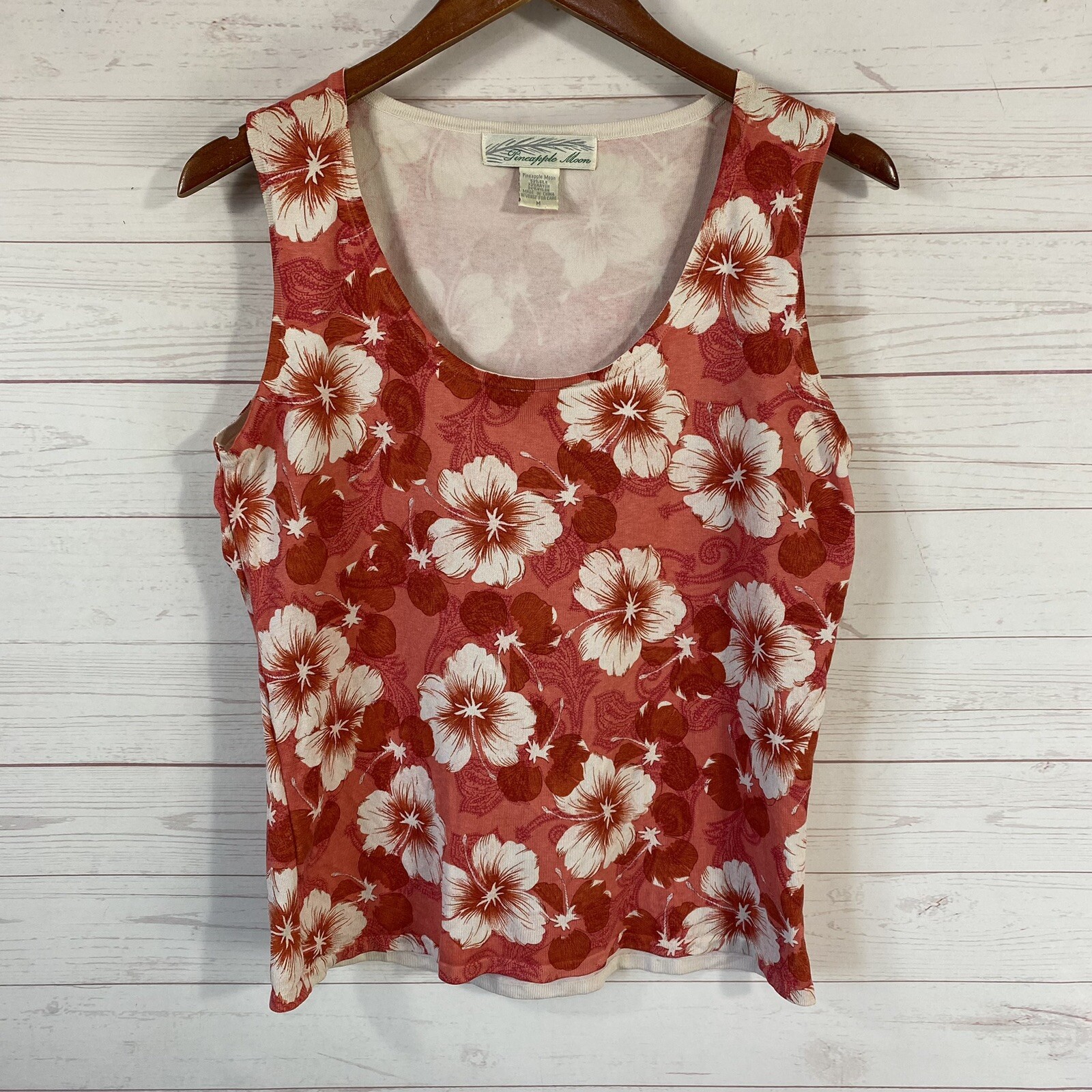 Pineapple Moon Silk Blend Knit Floral Print Tank Top Medium Pink Scoop Neck