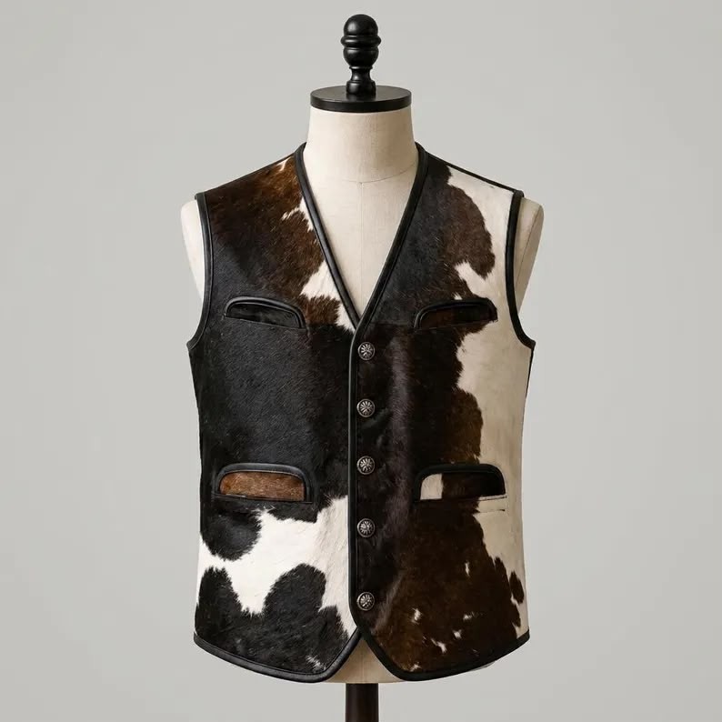 Real Cowhide Leather Waistcoat Brown White Black Trim Western Style