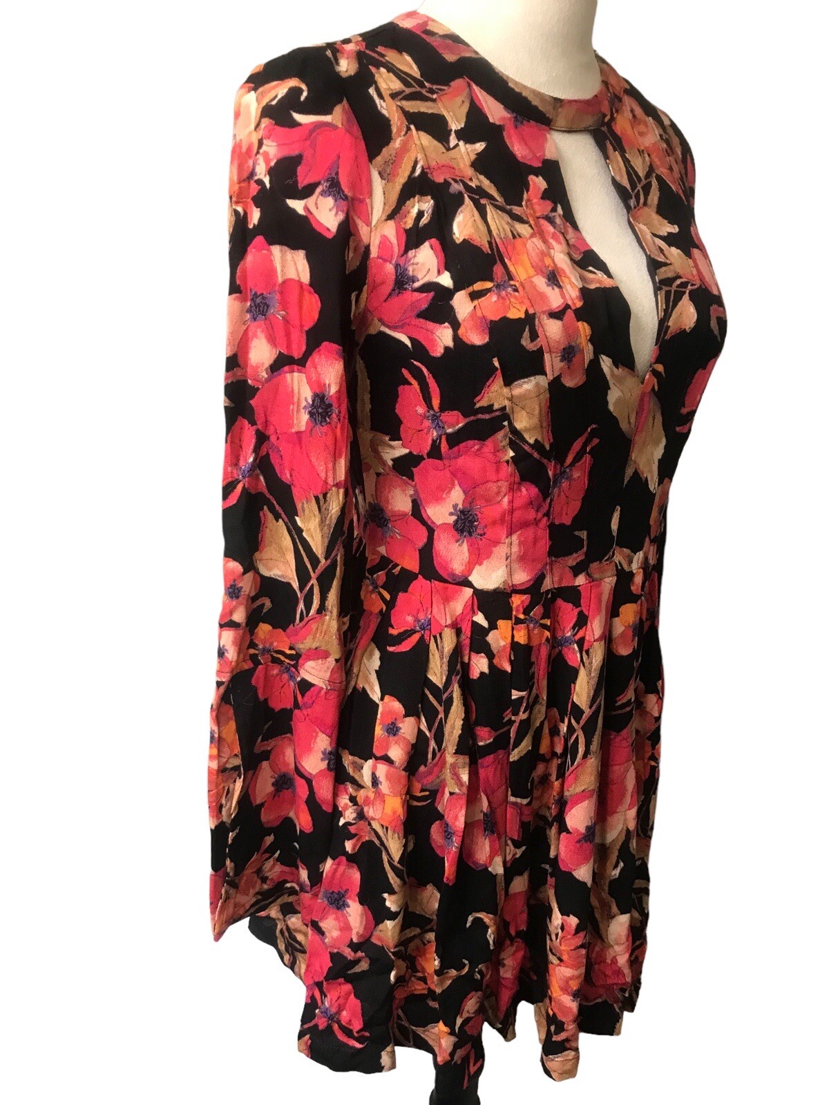 Free People Tegan Black Orange Floral Bell Long Sleeve Fit Flare Mini Dress Sz 0