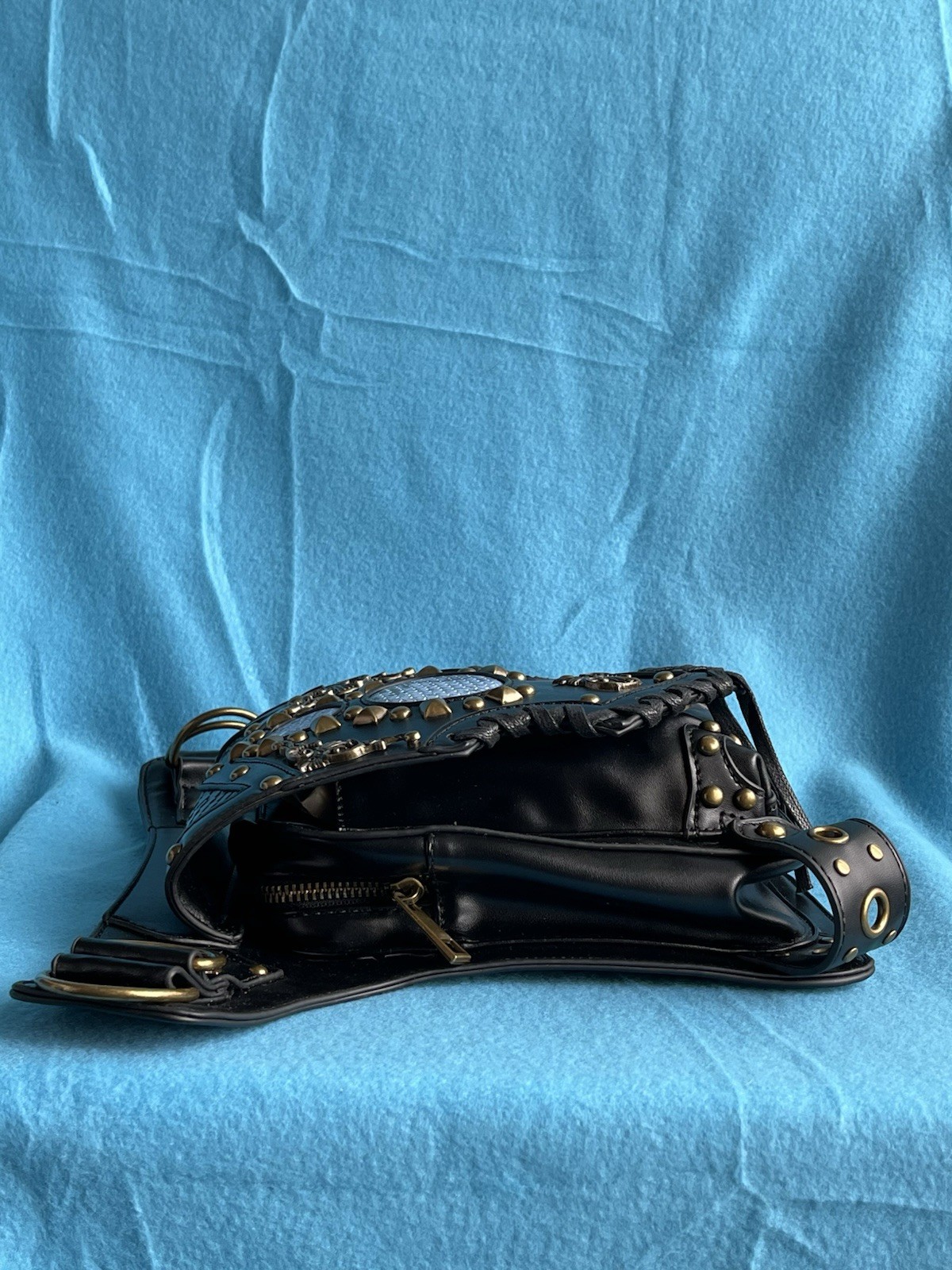 Steampunk Black Studded Lace-Up Crossbody Bag Zip & Magnetic Detachable Strap