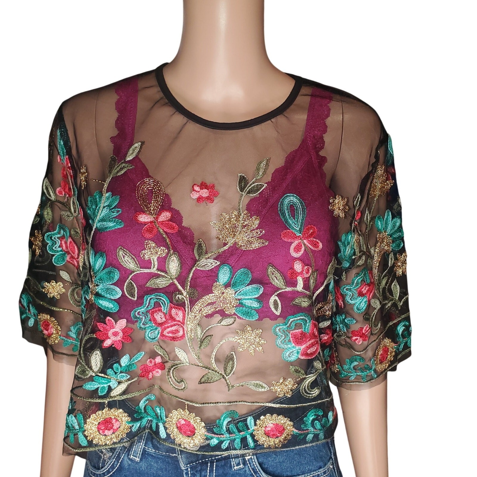SHEIN Sheer Floral Embroidered Mesh Top US 12 US L Boho Festival