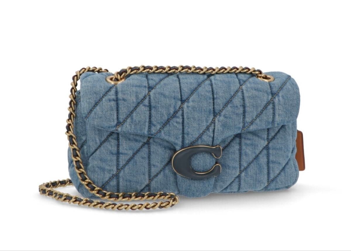 COACH Tabby Shoulder Bag Quilted Denim Leather Chain Strap 2-Way Blue 14x26x8cm