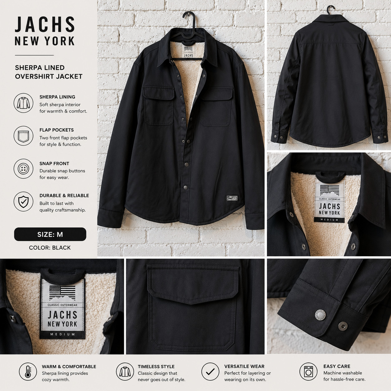 Jachs NY Mens Black Shacket, Size Medium, Good Condition