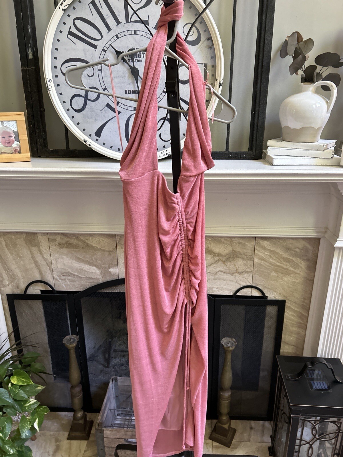 BLANC jersey ruched front cross strap halter neck dress in light rose sz M
