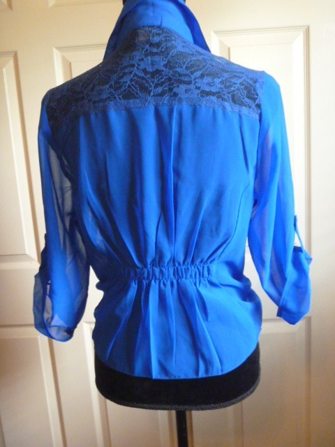 WET SEAL Royal Blue L Polyester Lace Yoke Buttons Tab Up Sleeves Casual Work