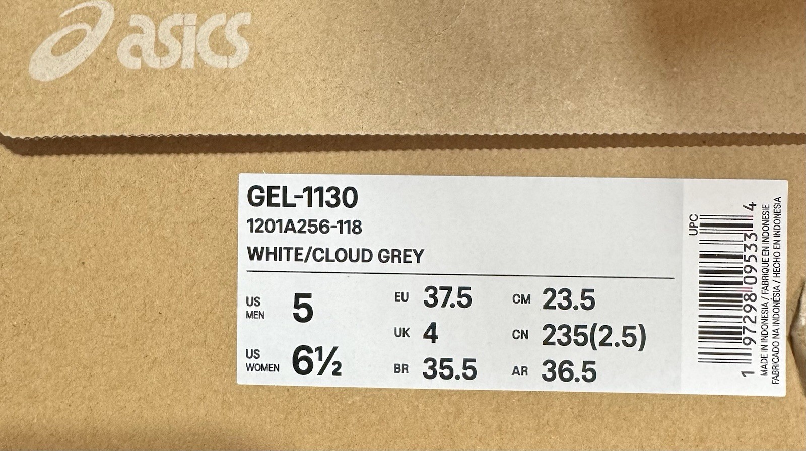 ASICS Gel 1130 White Cloud Grey 1201A256-118 Mens Size 5 Womens Size 6 1/2 NEW