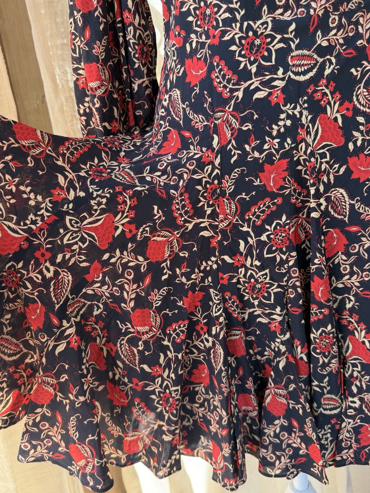 NWT RHODE Caro Black Red Cream Floral Fit & Flare Wrap Dress Long Puff Sleeve S