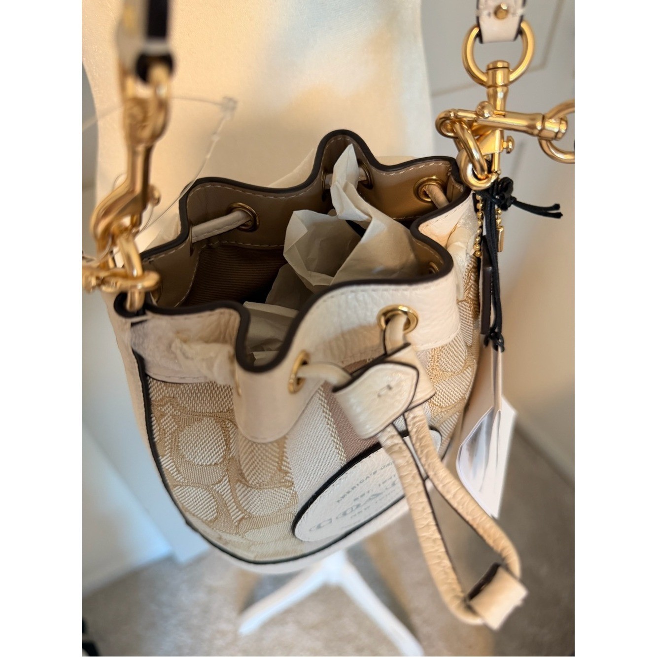 Coach Mini Dempsey Bucket Bag in Beige and White with Signature Logo