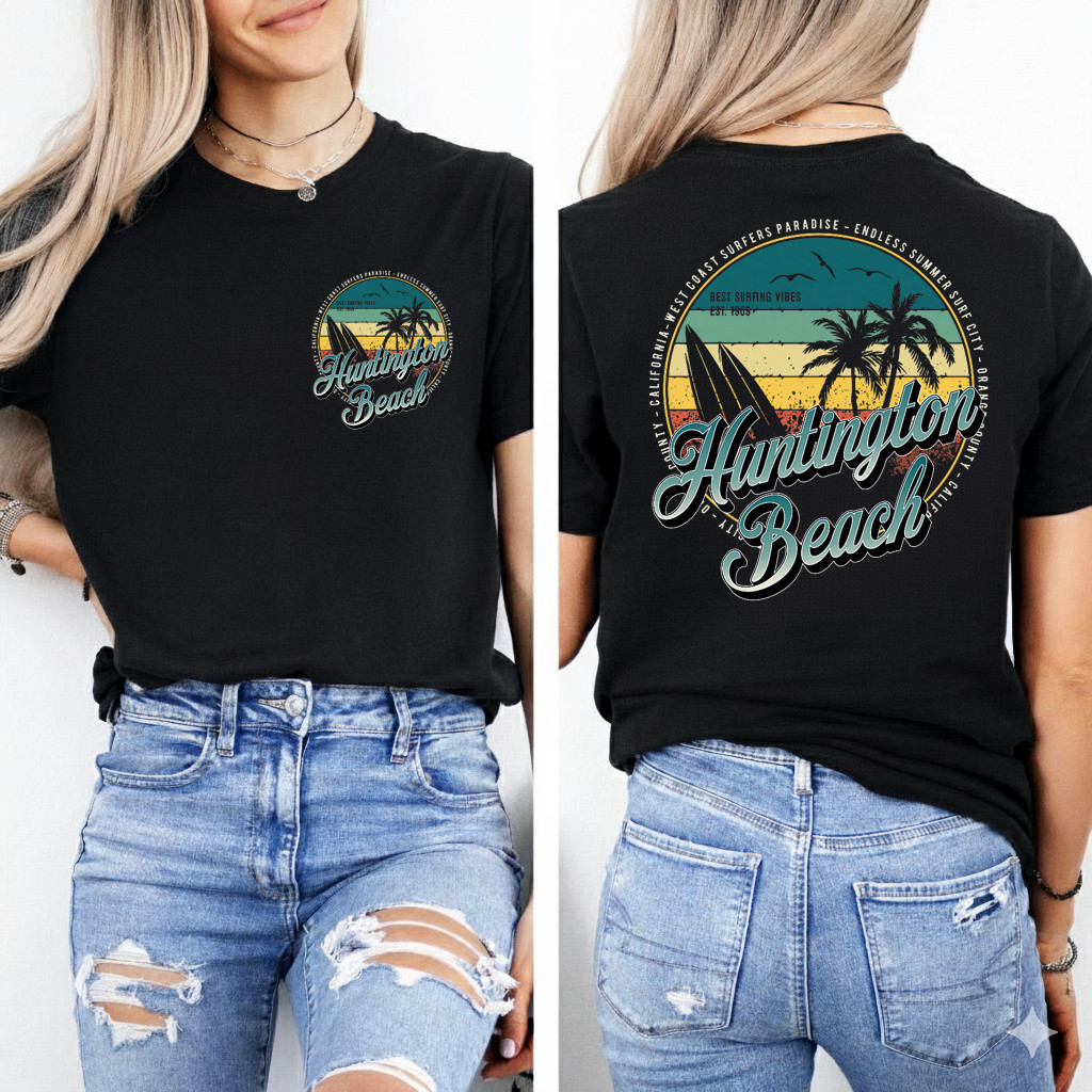 2 Sided Huntington Beach Surf City California Vintage Badge T-Shirt