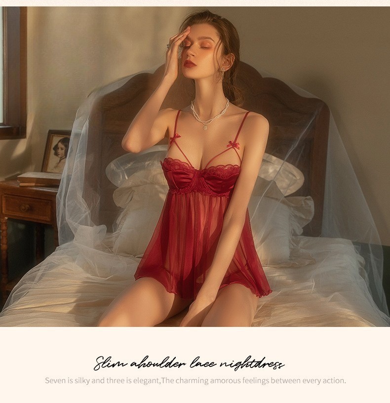 Hot Lace Open Bust Hollow Out Nightdress Sleepwear Sexy Cami Lingerie Sheer Mesh