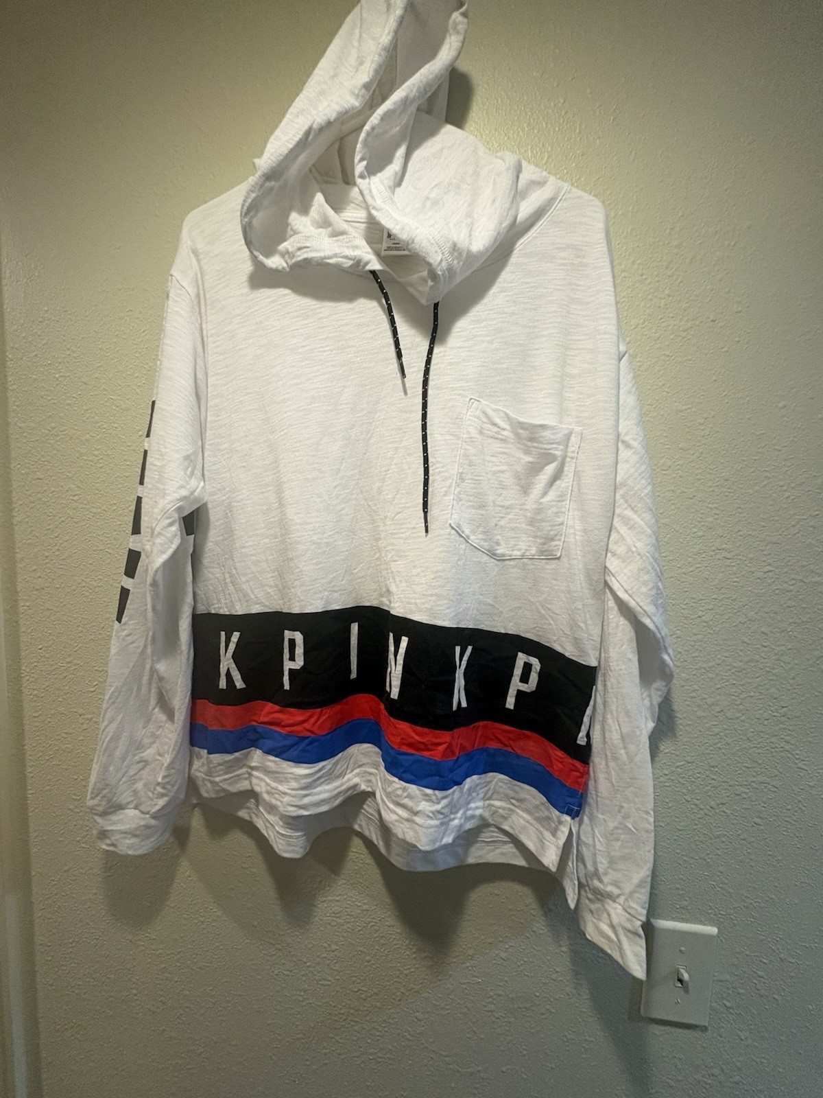 Pink Victoria Secret Shirt S White Long Sleeve Big Logo Hoodie Sz L/G