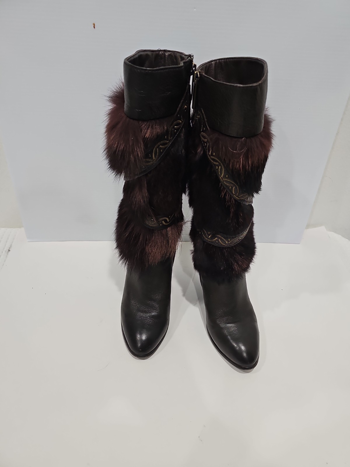 MALINO VICINI Leather & Fur Brown Boots Wedge EU 37 US 7