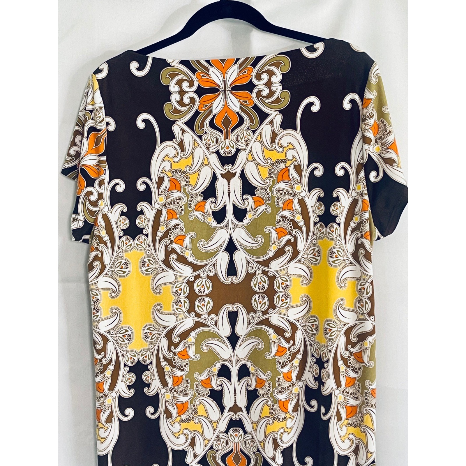 Rafaella XL Retro Boho Shift Dress Mod Floral Scroll Print Brown Orange Tunic