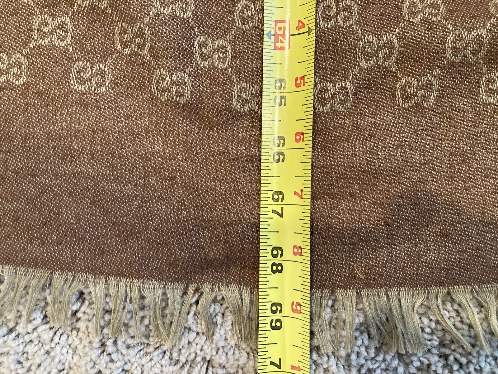 Authentic Gucci Monogram Scarf Wool Silk Blend Brown Beige Web Stripe 70″