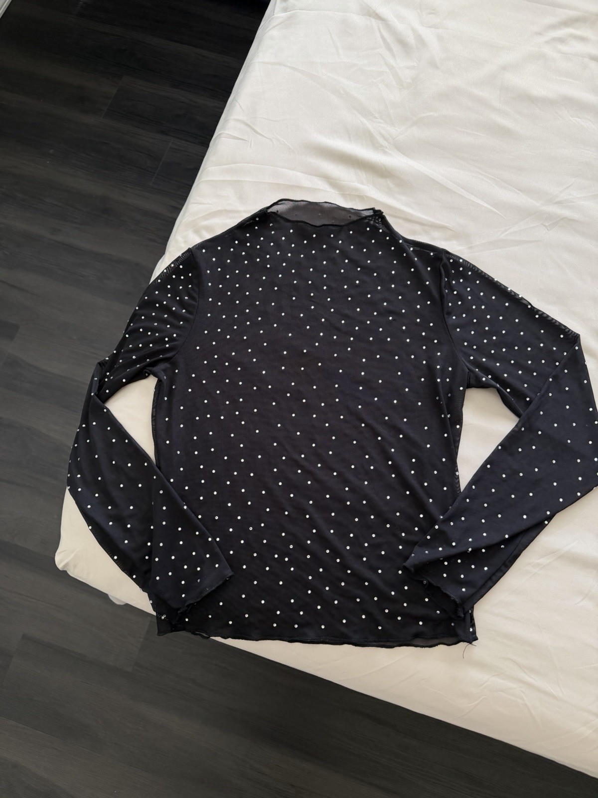 Women’s Black Sheer Mesh Polka Dot Mock Neck Long Sleeve