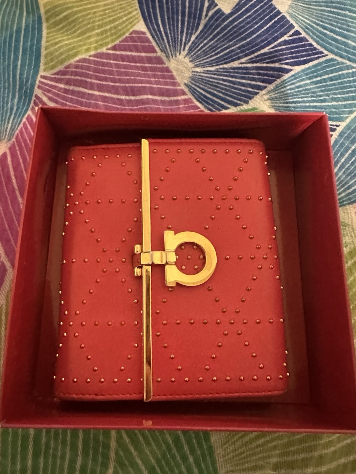 Salvatore Ferragamo Women’s Bifold Wallet, Red Solid, Studded Logo, Gold Tone