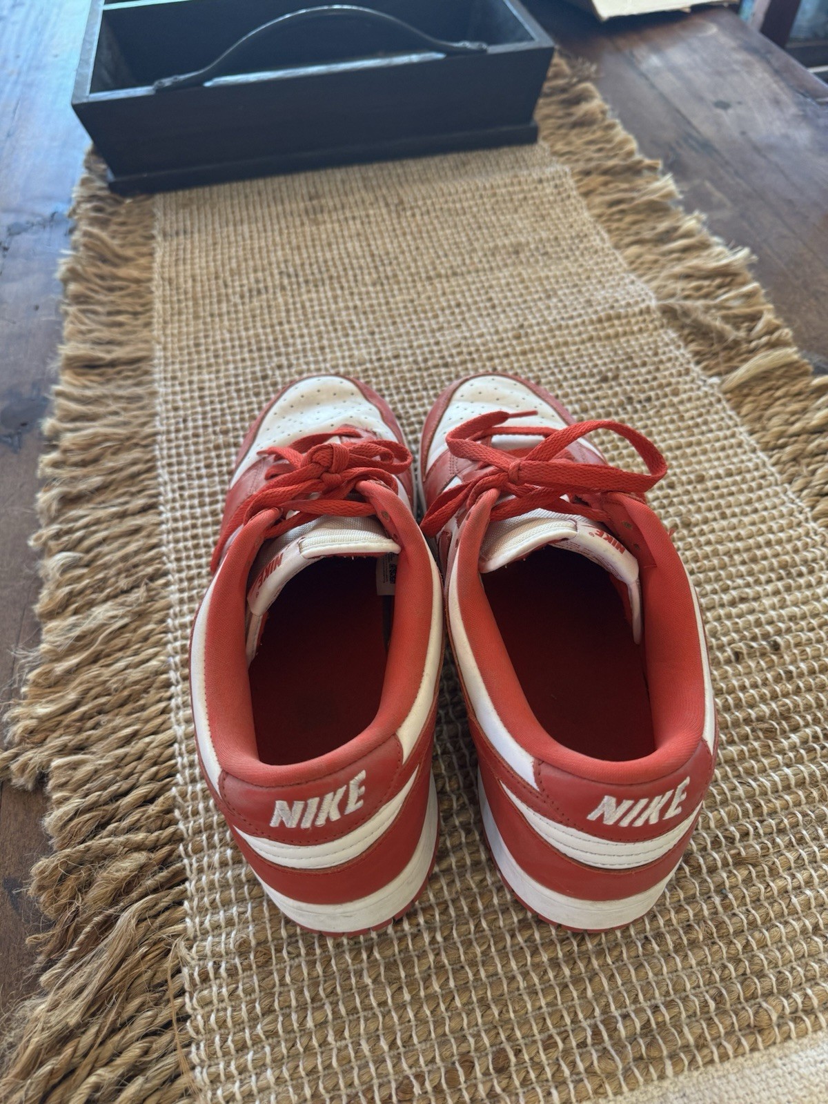 Nike Men’s Red/White Colorblock Low Top Lace-Up Leather Sneakers Rubber Sole