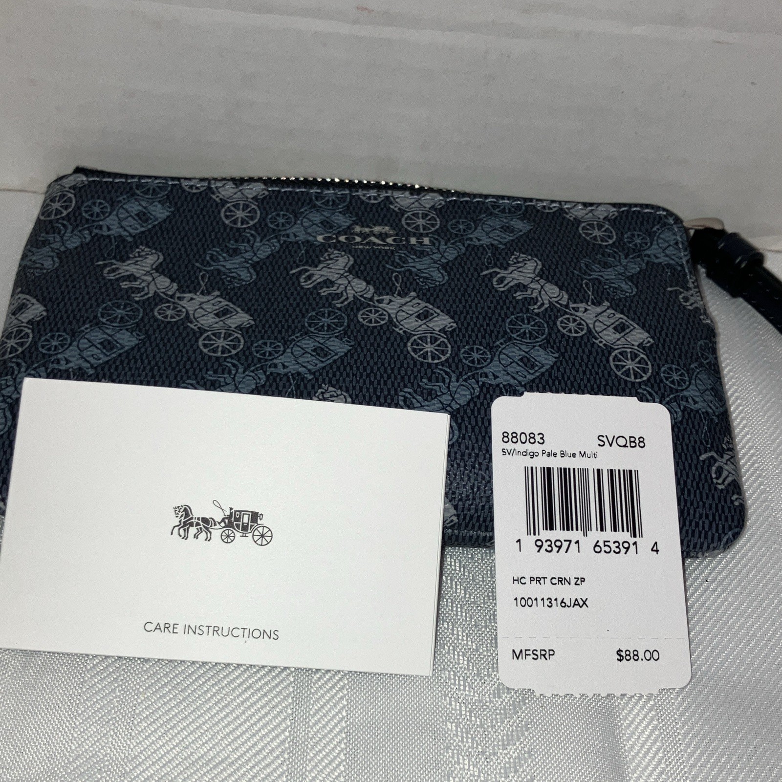 Coach Blue Logo Zip Wristlet Pouch Bag Small w/ Black Wrist Strap Silver HW