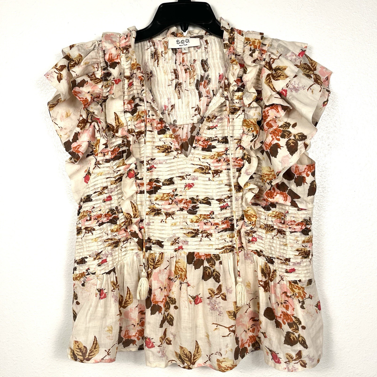 Sea New York Large Floral Ruffled Cap Sleeve Pleated Tasseled Esme Blouse Top