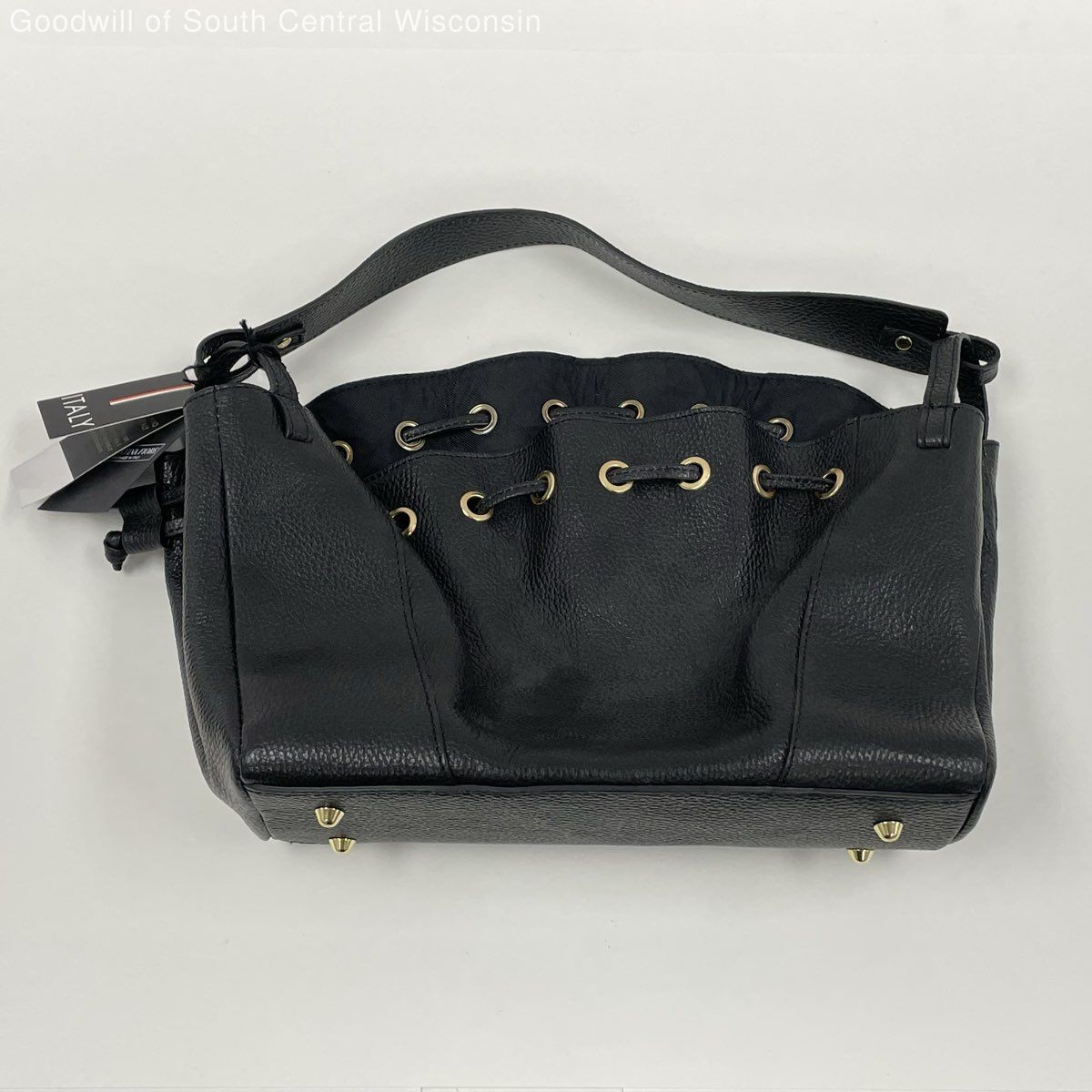 NWT Valentina Fiore Black Genuine Leather Drawstring Bucket Shoulder Bag STL3207