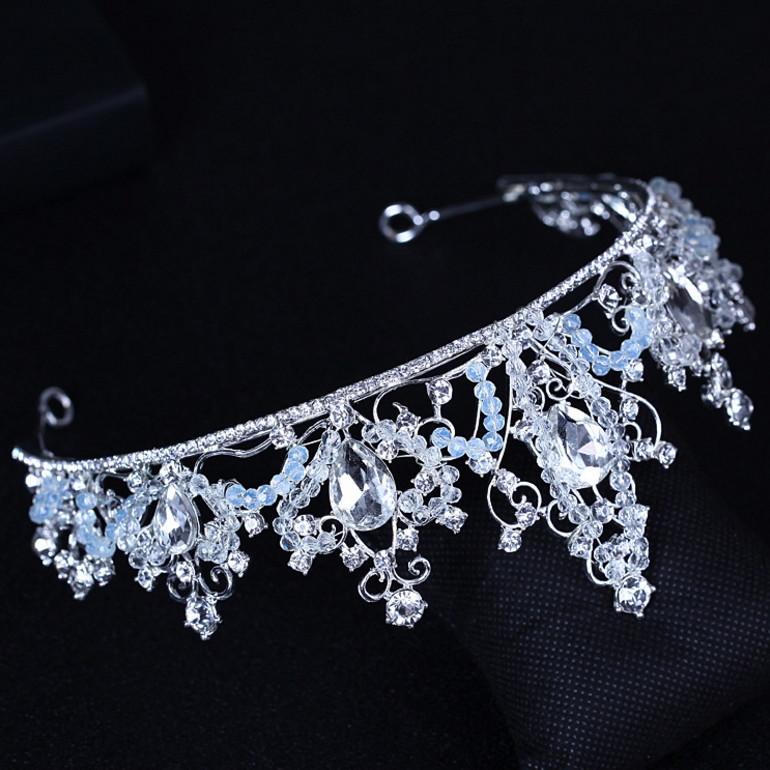 Clear Light Blue Drip Crystal Beads Wedding Party Pageant Prom Tiara Crown