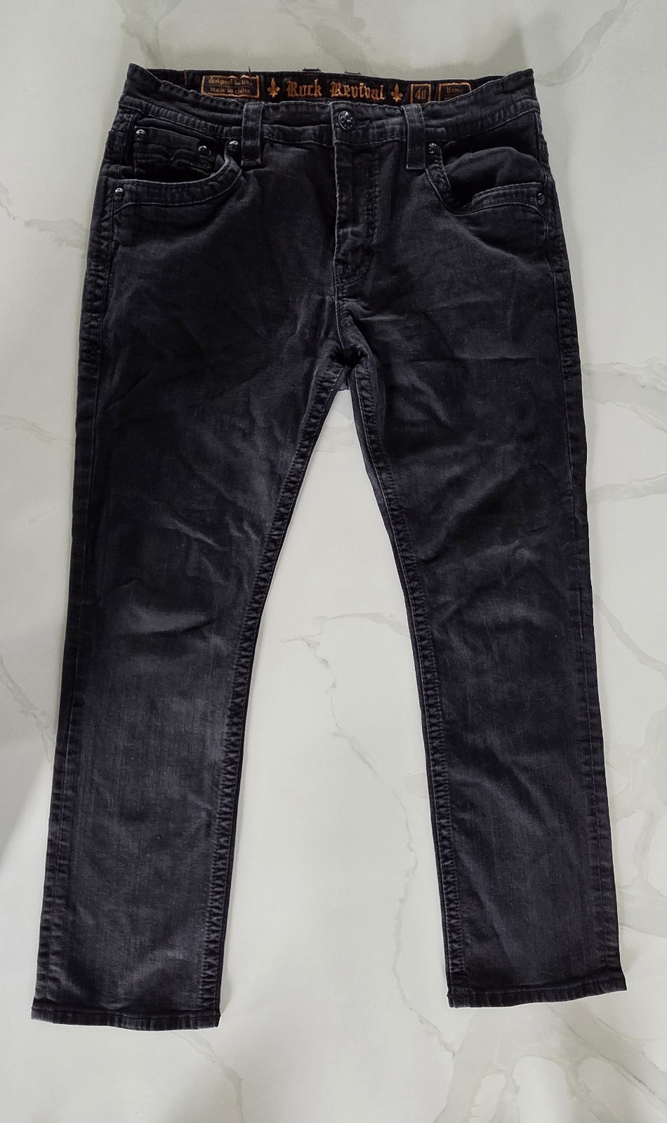 Rock Revival Men’s Kemel Straight Jeans 42×33 Embellished Pockets Dark Wash