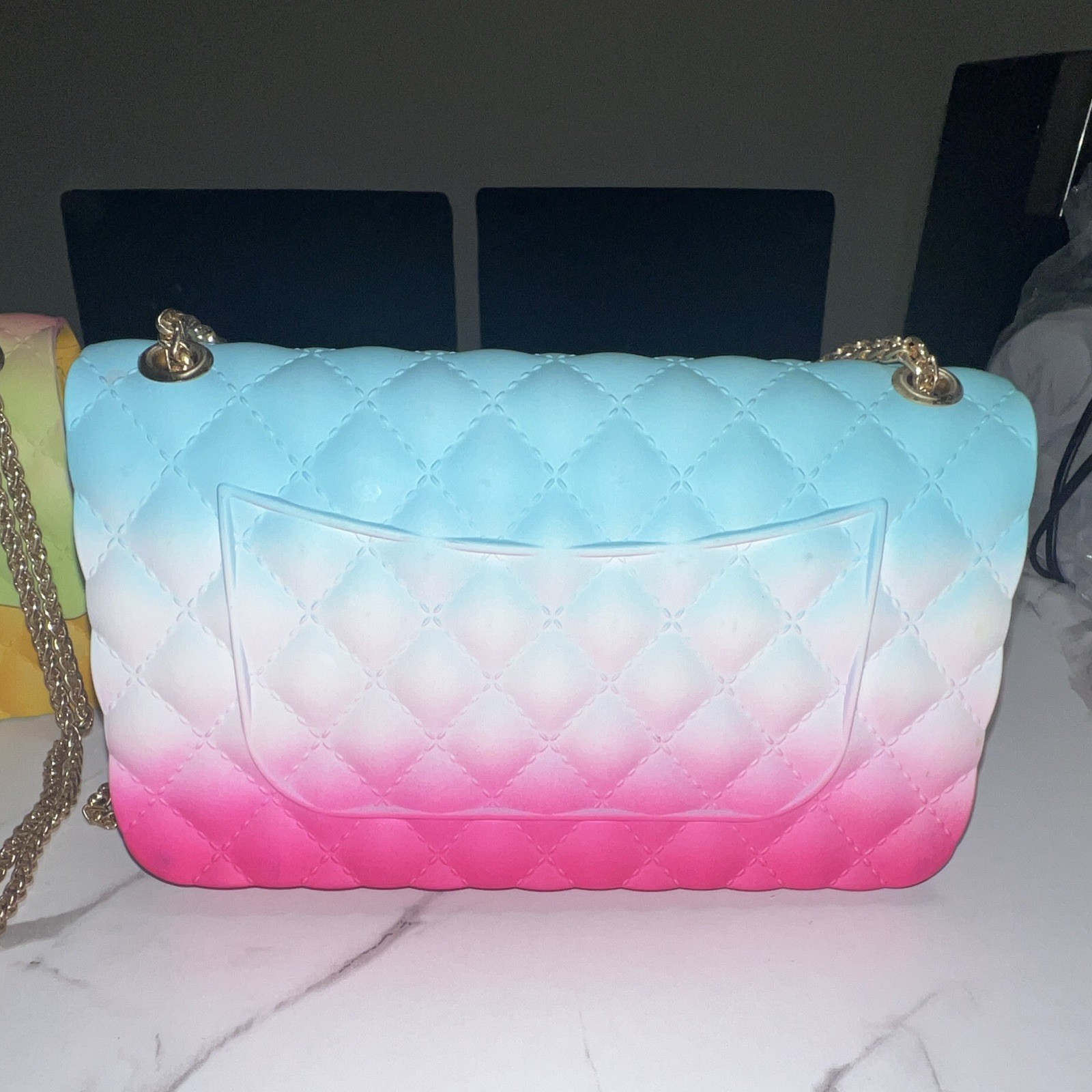 Ombre Quilted Multicolor Crossbody Bag, Gold Chain Strap, Turn Lock
