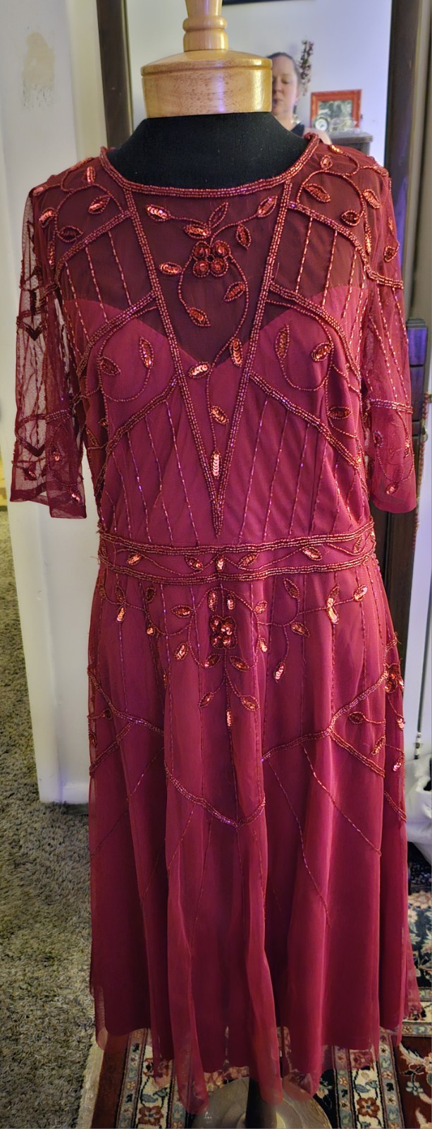 Papell Studio Womens Red Mesh Beaded Round Neck Short Sleeve Gown Dress Size 12