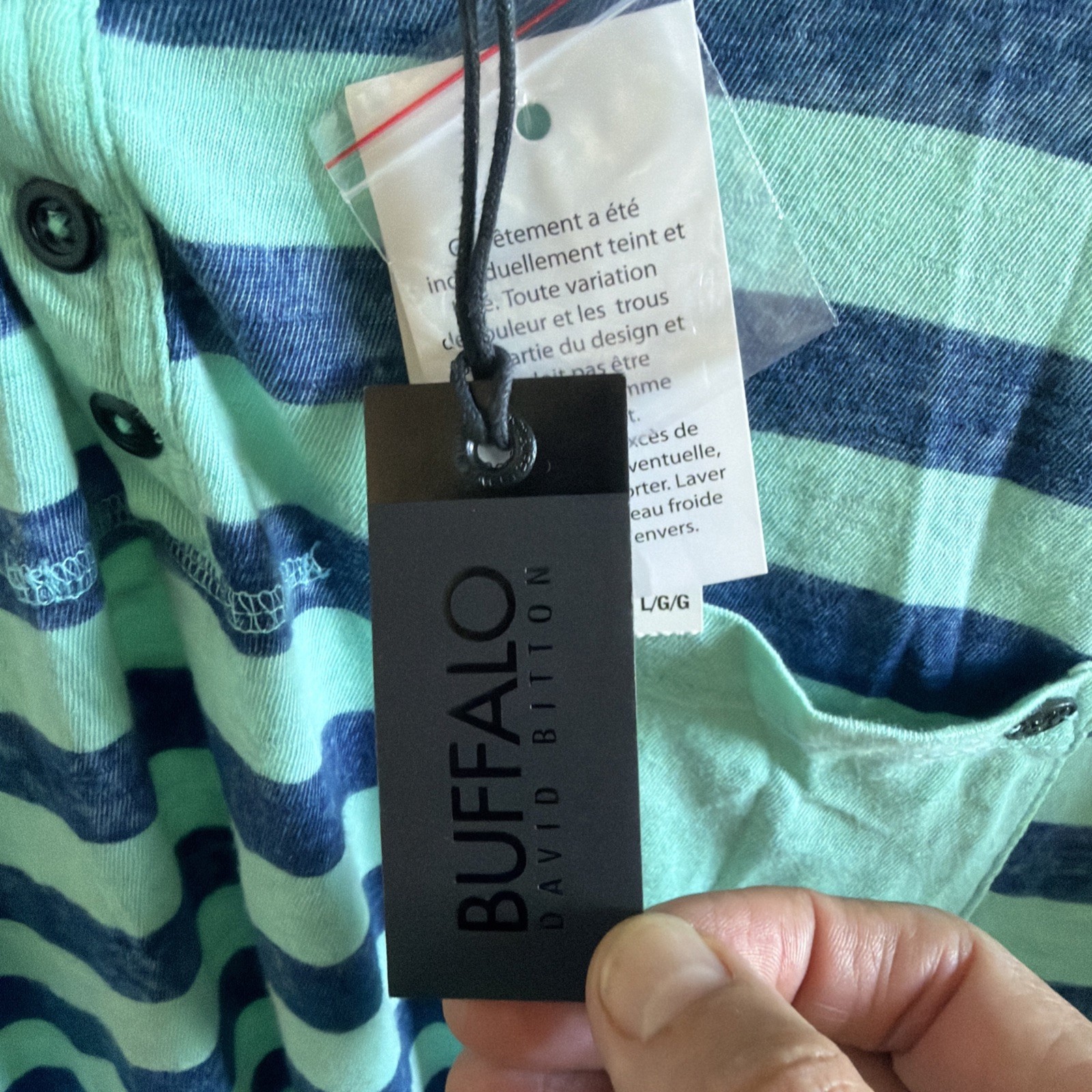 Buffalo David Bitton Men’s L Henley Shirt Mint Blue Striped NWT Tags