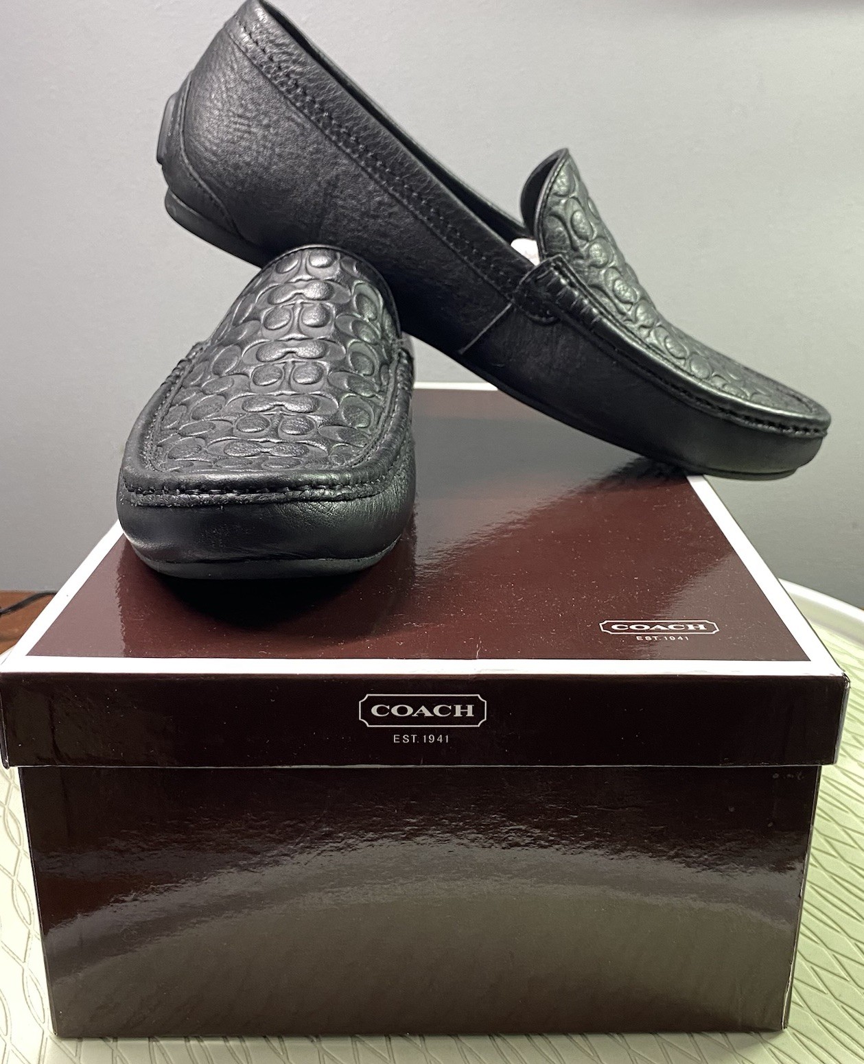 Coach Black Leather Jake 6CM Men’s Driving Loafer Shoes Signature C 7.5 M EUC
