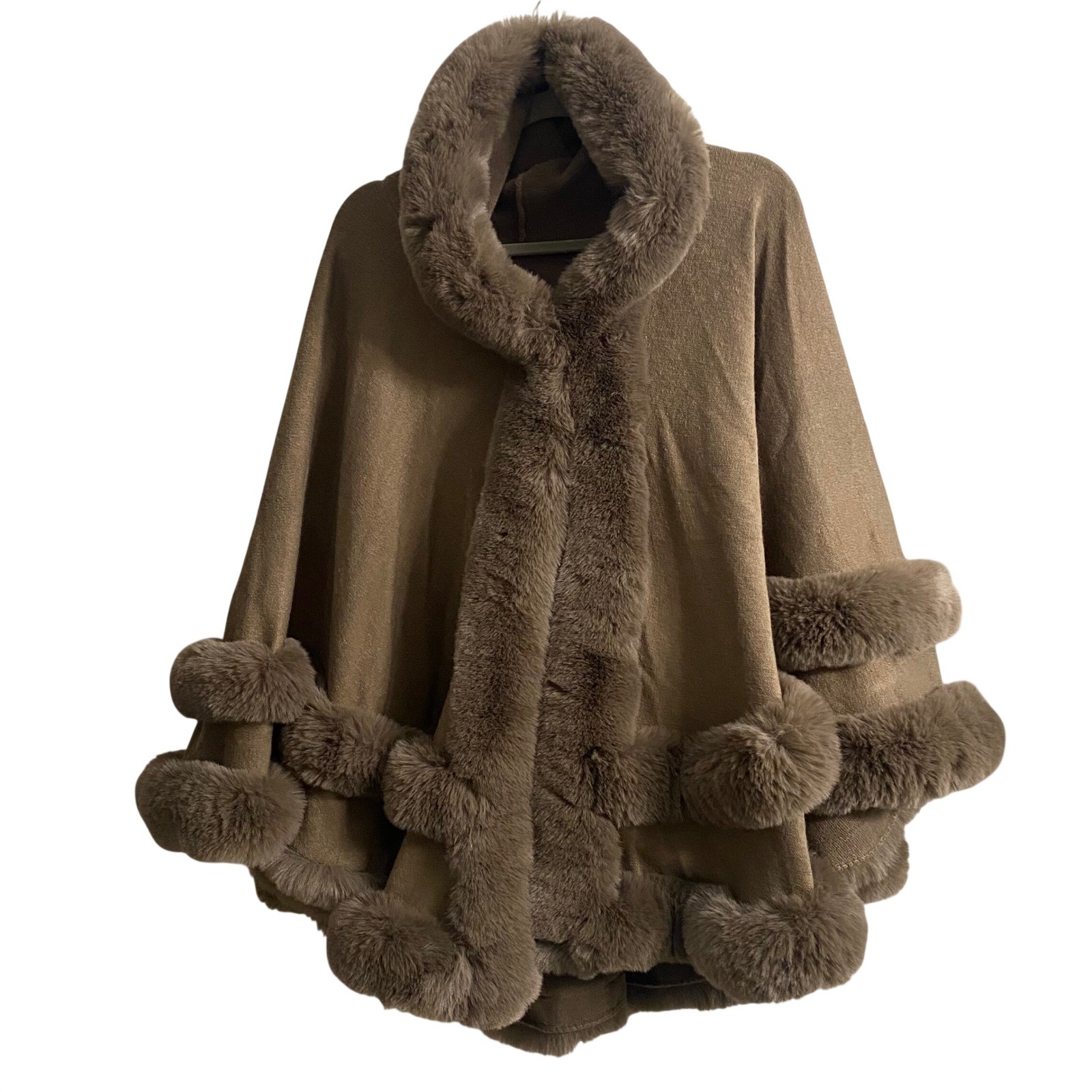 Womens Taupe Brown Faux Fur Trim Hooded Poncho Cape Tiered Knit Wrap One Size