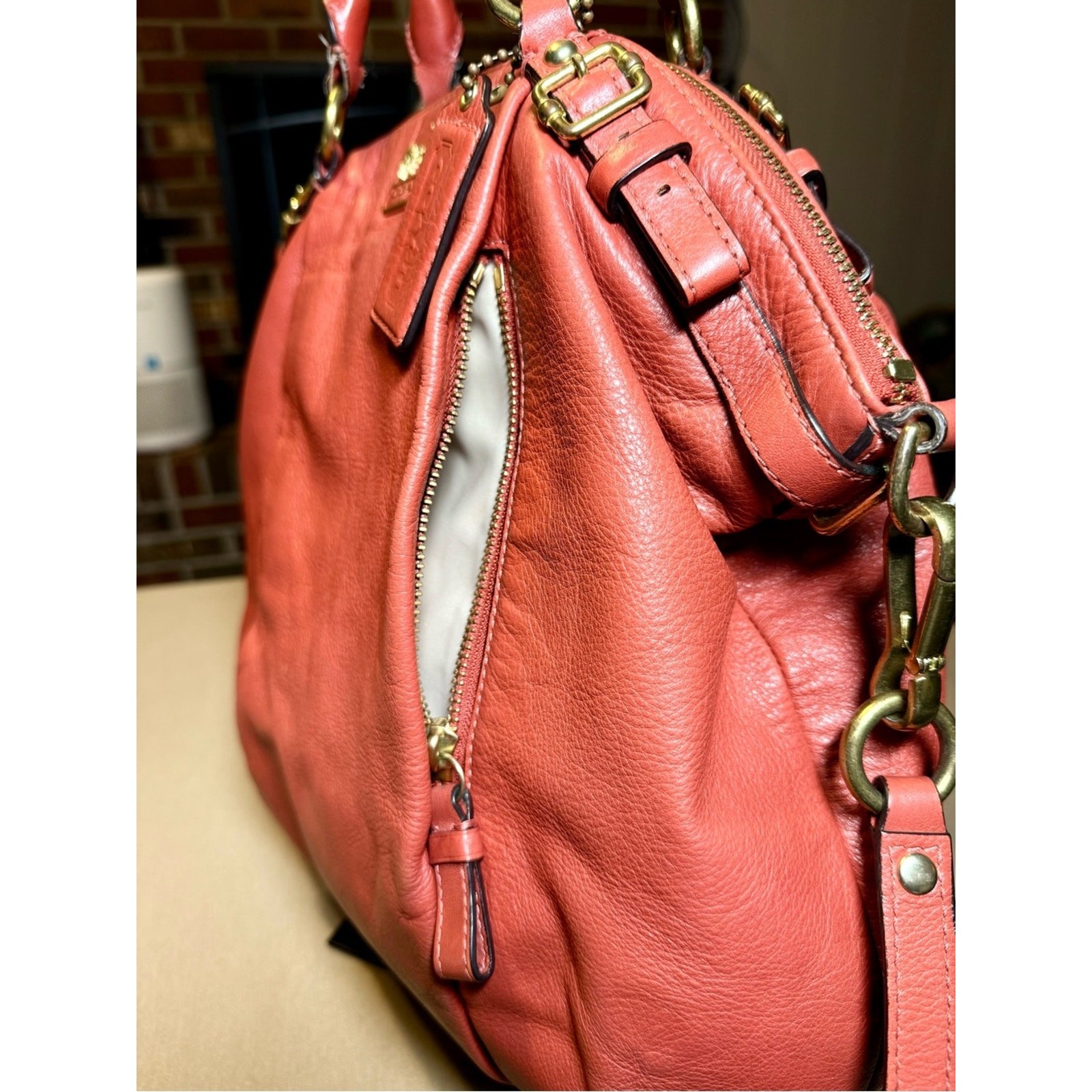 Coach Madison Coral Pebbled Leather Satchel Bag | Removable Strap |Gold Hardware