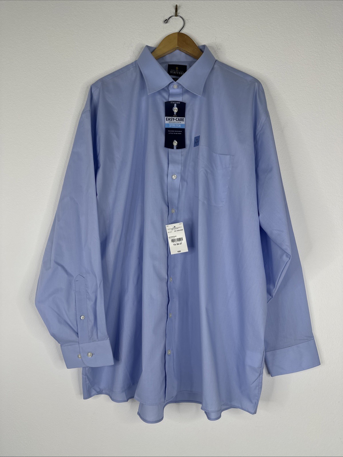 Stafford Travel Dress Shirt Mens Size 19 36-37 Big Blue Long Sleeve Broadcloth