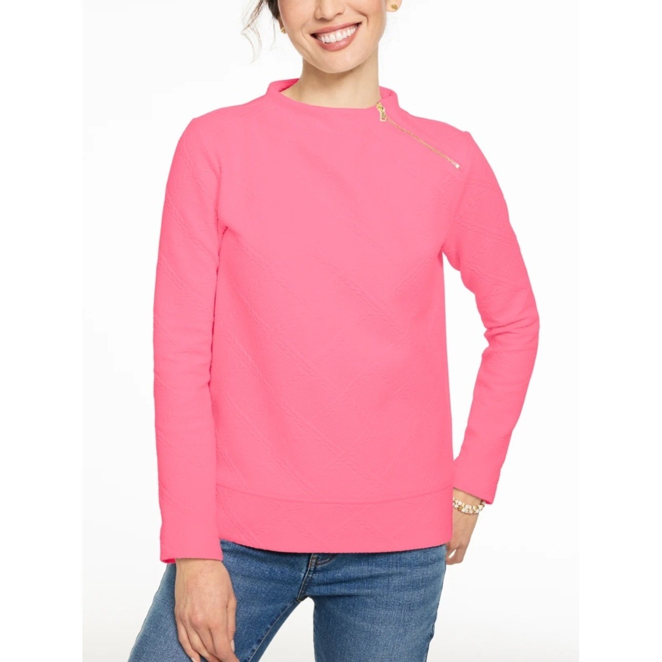 Talbots Plus Textured Funnel Neck Pullover Sweatshirt Petunia Pink 1X