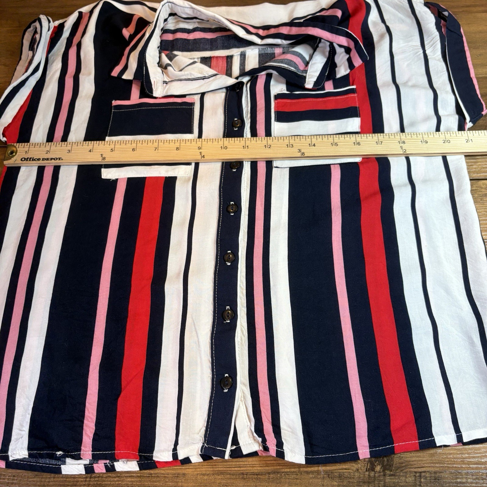 Love Notes Women’s Large ~ Red Pink Blue White Striped Button Up Blouse